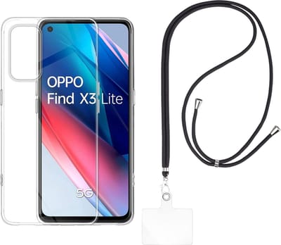 Set met hoesje en nekband voor oppo find x3 lite - Flexibele, transparante TPU-bescherming, verstelbare universele nekband voor mobiele telefoons, zwarte nekband, transparante draagriem van Phonillico®