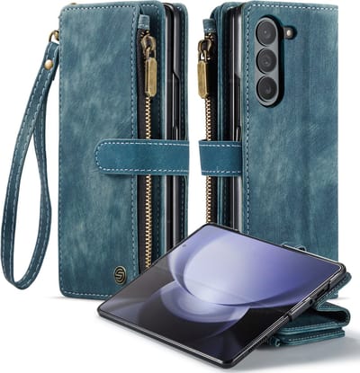 Geschikt Voor Samsung Galaxy Z Fold 5 Hoesje - Z Fold 5 Hoesje - Z Fold 5 Case - Backcover - Pu Leer - Met Polskoordje - Draadloos Opladen - Z Fold5 - Blauw