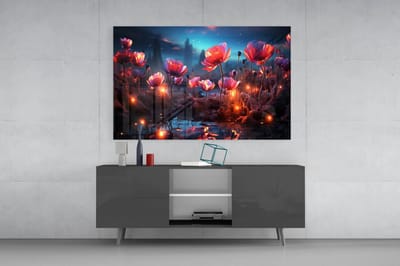 Glasschilderij – Bloemen bij Nacht – Sfeervolle Natuur – Moderne Wanddecoratie - 72x46 cm