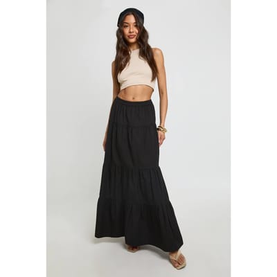 boohoo Dames Gelaagde Katoenen Popeline Maxi Rok | Zwart | Maat: 36