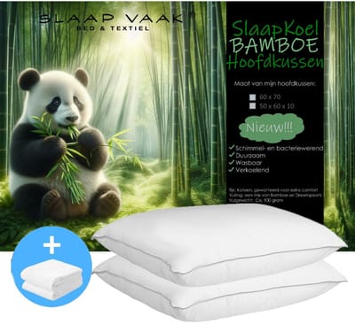 SlaapVaak SlaapKoel Bamboe Hoofdkussen Set(2 Hoofdkussens + 2 Moltonslopen) - 60x70 cm - Wit