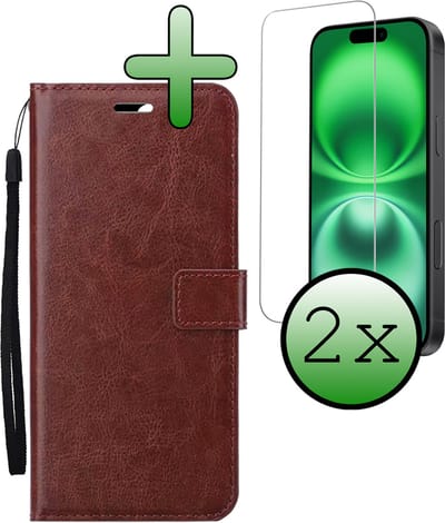 Hoesje Met 2x Screenprotector - Geschikt voor Apple iPhone 16 - Luxe Pasjeshouder - Bookcase Portemonee - Flip Case - Kunstleer Book Case - Flipcase Hoes - Book Cover - Walletcase - Portemonneehoes - Bruin