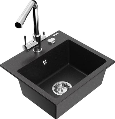 Mexen Milo granieten gootsteen 1-komorige met keukenkraan Duero, zwart/zilver metallic - 6505-73-671600-00