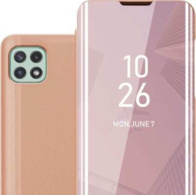 Cadorabo Hoesje geschikt voor Samsung Galaxy A22 5G in KUNZIET ROZE - Clear View Spiegel Beschermende Case met Tribunefunctie 360 Graden Bescherming Book Case Cover Etui