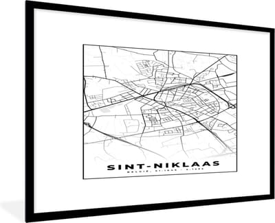 Fotolijst incl. Poster Zwart Wit- Stadskaart – Plattegrond – België – Zwart Wit – Sint Niklaas – Kaart - 120x80 cm - Posterlijst
