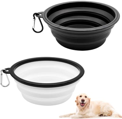 Allecto - Opvouwbare voederbak - Draagbare hondenbak - Duurzaam silicone - Wit en zwart - Reisbak voor huisdieren - Geschikt voor meerdere huisdier...