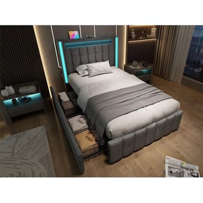 ModernLuxe Bed met 2 laden 90x200cm gestoffeerd in linnen - met laadfunctie en LED-verlichting - Grijs