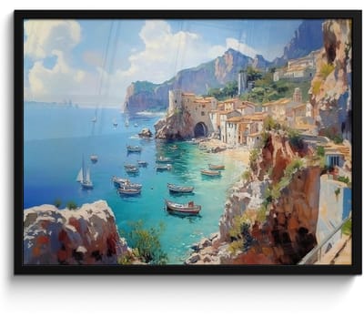Poster in lijst - Fotolijst 70x50 cm - Posters - Kustdorp - Schilderij - Rotsen - Boten - Posterlijst zwart - Decoratie - Wanddecoratie woonkamer - Muurdecoratie slaapkamer