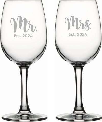 Gegraveerde set witte wijnglazen 26cl Mr. Est. 2024 - Mrs. Est. 2024