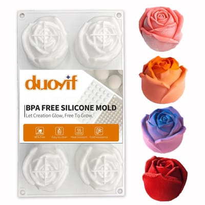 Dailygoods - duoyif Siliconen vorm, bloemen, roos, diameter 65 mm, 6 gaten, chocoladevorm, bloemen, rozenvorm, 3D-rozen, siliconen bakvorm voor chocolade, moussee, gelei, ijsbloemen voor whisky en cocktail