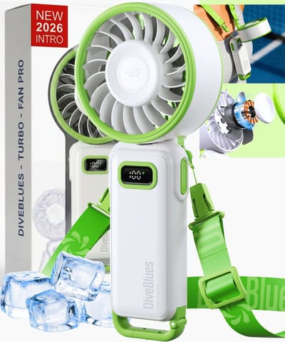 Diveblues® AIR 100 - Handventilator Oplaadbaar – Turbo Luchtstroom - 100 Snelheden – LED Display – Tot 12 uur gebruik - Koelt écht