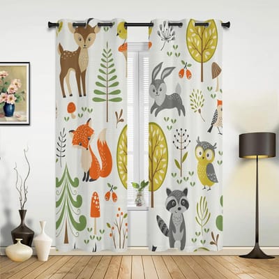 Rideaux Stores Animaux de Safari Dessin Animé Forêt Jungle Idéal pour Salon Espace Chambre d'Enfant Salle de Bain Cuisine Porte Décoration Ménagère W60xH100(CM)x2pcs&Hook