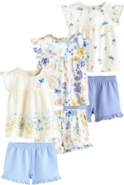 Next - Meisjes - 6 -delig Baby Set van T-shirt met ruches en short - Wit
