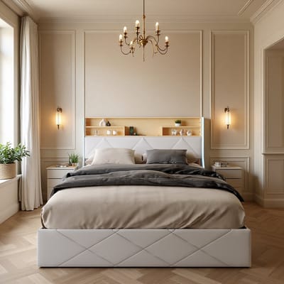 Hydraulisch bed 160×200 cm, wit, PU-leer, hoofdbord met USB-poort & opbergruimte, grote bedbox, LED-lichtstrips aan beide zijden