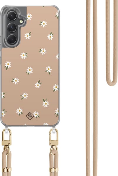 Casimoda® hoesje met koord - Geschikt voor Samsung A34 - Sweet Daisies - Afneembaar koord - TPU/polycarbonaat - Bruin/beige