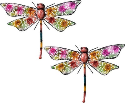 Tuinlibelle decoratie - 2x - multikleur - metaal - 29 x 47 x 4 cm - Tuindecoratie libelles - Dierenbeelden hangdecoraties