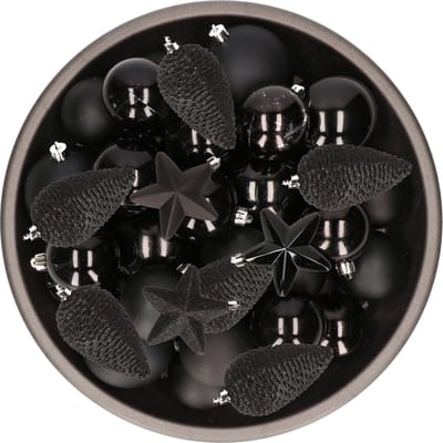 Kerstversiering kunststof kerstballen zwart 6-8-10 cm pakket van 62x stuks - Kerstboomversiering