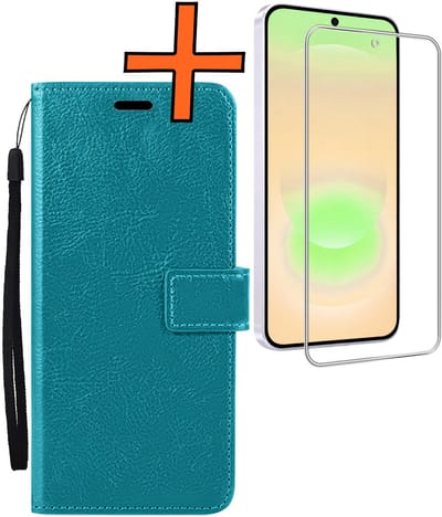 Hoes - Met Screenprotector - Geschikt voor Samsung Galaxy A37 - Luxe Pasjeshouder - Bookcase Portemonee - Flip Case - Kunstleer Book Case - Flipcase - Book Cover - Walletcase - PortemonneeHoes - Turquoise