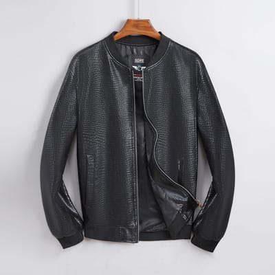 Krokodillenprint Nieuwe Lente en Herfst Dunne Heren Leren Jas Slim Casual Mode Opstaande Kraag Jeugd Leren Jas Heren L black