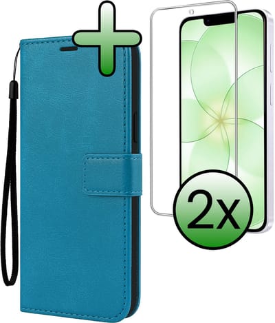 Hoesje Met 2x Screenprotector - Geschikt voor Apple iPhone 17e - Luxe Pasjeshouder - Bookcase Portemonee - Flip Case - Kunstleer Book Case - Flipcase Hoes - Book Cover - Walletcase - Portemonneehoes - Turquoise