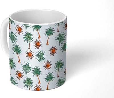 Mok - Koffiemok - Nostalgisch - Kust - Zee - Palmbomen - Zon - Groen - Mokken - 350 ML - Beker - Koffiemokken - Theemok