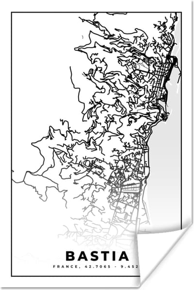 Poster Stadskaart – Plattegrond – Kaart – Bastia - Frankrijk - Zwart wit - 120x180 cm XXL