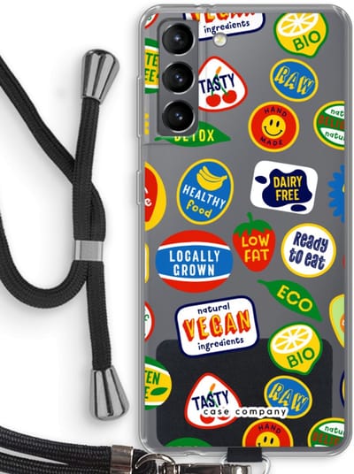 Case Company® - Hoesje met koord geschikt voor Samsung Galaxy S21 hoesje met Koord - Fruitsticker - Telefoonhoesje met Zwart Koord - Bescherming aan alle Kanten en Over de Schermrand
