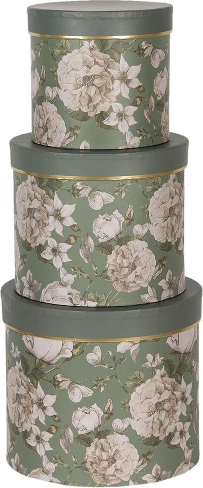 Clayre & Eef Hoedendoos Set van 3 Ø 20x17 / Ø 17x15 / Ø 14x13 cm Groen Karton Bloemen