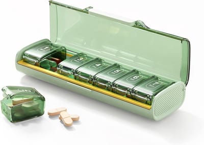 OLOEY Zeven dagen per week pillen doos - draagbare 7 dagen split-doos - vochtdicht versiegeld pillen doos - reis handheld pillen doos - BPA-vrij veilig materiaal - zak mini-grootte - opneembare gezondheidsproducten - vitamine pillen - groene versie