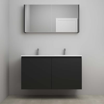 On-Line Badkamermeubelset - 120 cm - Bouwpakket - Greeploos 2 Deuren - Acryl Wastafel - 2 Kraangaten - Spiegelkast - Mat Zwart