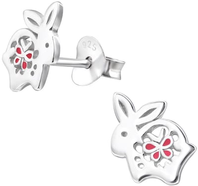 Joy|S - Zilveren konijn oorbellen - zilver met roze vlinder - 8 x 9 mm - massief - kinderoorbellen