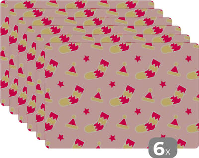 Placemat - Placemats kunststof - Sokken - Patronen - Kerst - 45x30 cm - 6 stuks - Hittebestendig - Anti-Slip - Onderlegger - Afneembaar