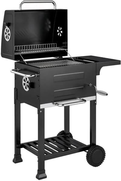 Premie Houtskool Barbecue - Compacte Smoker Barbecue - Barbecuegrill - Grillwagen - Houtskoolgrill met Deksel, Bijzettafel, Deksel, Thermometer, Planken - Verplaatsbaar - BBQ voor buiten, tuin - Zwart