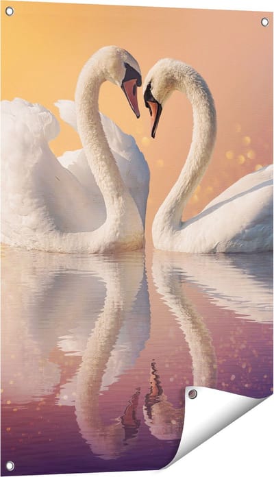 Gards Tuinposter Zwanen Koppel in een Hart Vorm - 60x90 cm - Tuindoek - Tuindecoratie - Wanddecoratie buiten - Tuinschilderij
