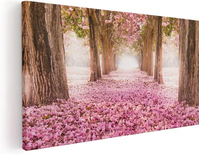 Artaza Canvas Schilderij Kersenbloesem Laan - 40x20 cm - Klein - Wanddecoratie Bloesem - Muurdecoratie Bomen - Schilderijen Op Canvas Natuur - Roze