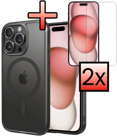 Hoesje - Met 2x Screenprotector - Geschikt voor Apple iPhone 15 Pro - Magsafe Compatible - Sterk & Shockproof - Back Cover - Shock Proof Case - Telefoon Hoes - Zwart
