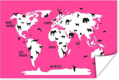 Wereldkaart Kinderen - Dieren - Roze - 30x20 cm - Poster