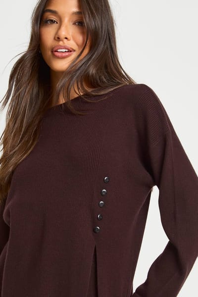 boohoo Dames Grove rib met knopzoom-detail, crewneck trui en broek met rechte pijpen Co-Ord | Chocoladebruin | Maat: Small