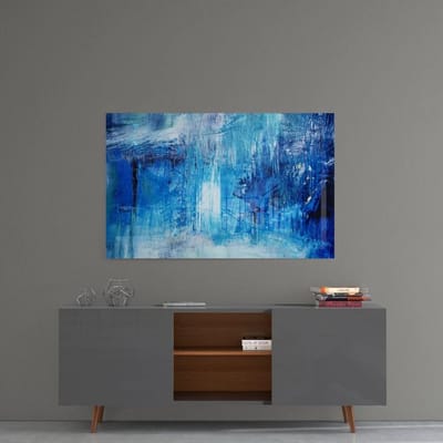 Modern Abstract Glasschilderij in Blauw – 110x70 cm – Luxe Wanddecoratie op Gehard Glas