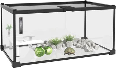 Reptielenbox, Kweekbox voor Reptielen, Terrarium, Transparant, Schuifdeksel, Gaas, Waterdispenser, Inclusief Thermometer, Glas en Metaal, 50x30x25 cm, Wit