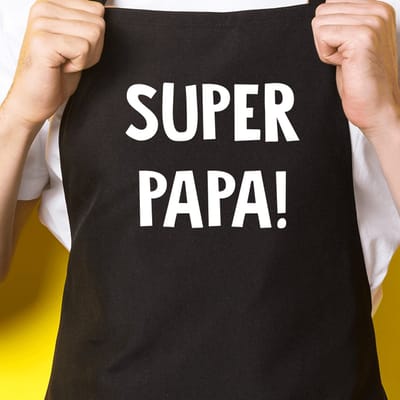 Zwart keukenschort / BBQ-schort met tekst | Super Papa | Katoen - One size - Verstelbaar - Wasbaar - Cadeau voor hem - Vaderdag - Gratis verzending - Cadeau voor Kerst & sinterklaas | Incl. 2 jaar garantie