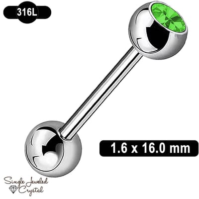Tongpiercing - 1.6 x 16 mm - 316L Chirurgisch Staal - Barbell - Kristal - Licht Groen