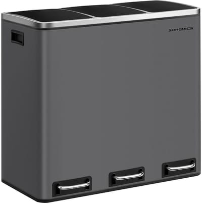 SONGMICS - Keukenafvalbak - pedaalemmer - 54 liter - 3 x 18L - 3 compartimenten voor recycling, soft-close deksels, pedalen, staal, matgrijs