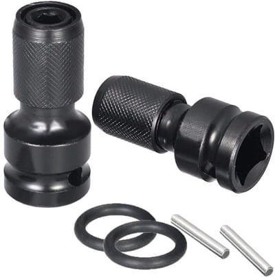 Tweedelige set bestaande uit een adapter van 1/2 inch vierkante kop naar 1/4 inch zeskant, een ratelsleutel en een bithouder voor schroevendraaiers, en een snelwisselspantang voor elektrisch gereedschap en slagmoersleutels.