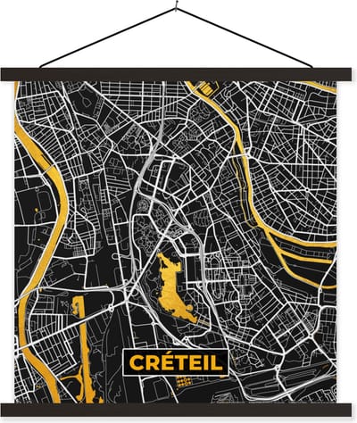 Posterhanger incl. Poster 60x60 cm - Schoolplaat - Créteil – Plattegrond – Frankrijk – Kaart – Stadskaart - Textielposter - Zwarte latten - Stadskaart