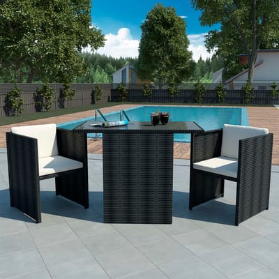 vidaXL - 3-delige - Bistroset - met - kussens - poly - rattan - zwart