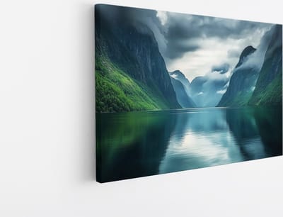 Saammp Canvas Schilderij - Fjorden met mist - Landschap - Natuur - 45x30 - Foto op canvas - Wanddecoratie - Muurdecoratie Woonkamer - Slaapkamer decoratie - Canvas Print