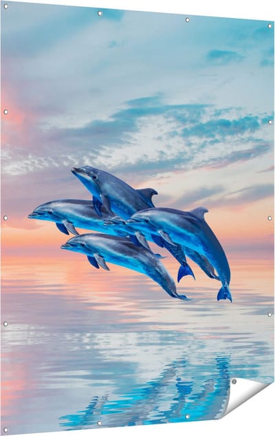 Gards Tuinposter Groep Dolfijnen Springen uit het Water - 120x160 cm - Tuindoek - Tuindecoratie - Wanddecoratie buiten - Tuinschilderij