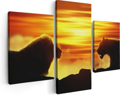 Artaza Canvas Schilderij Drieluik Leeuw En Tijger - Silhouet - Zonsopkomst - 90x60 - Foto Op Canvas - Canvas Print