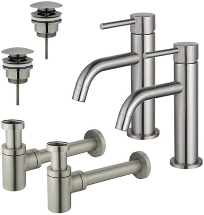 FugaFlow Eccelente Sobrado Badkamer Slim Wastafelkraanset - voor dubbele wastafel - lage wastafelkraan - klikwaste plug - verlaagde design sifon - PVD Geborsteld RVS